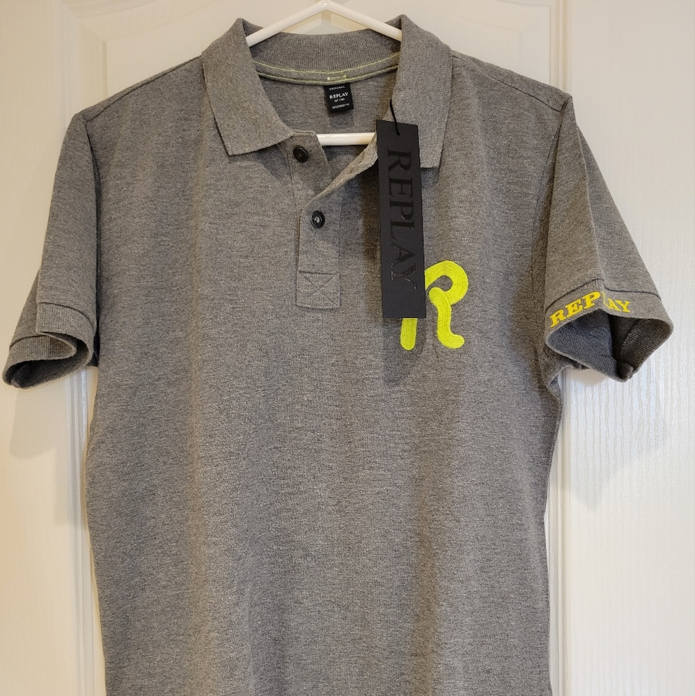 Two Men's Replay EMBROIDERED R POLO SHIRTs (navy and gray)